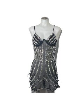 Queen Mania Embellished Black Sequin Sheer Slip Dress
